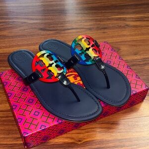 BRAND NEW! Tory Burch navy and rainbow logo sandals.